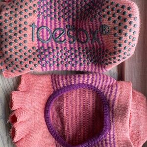 toesox Coral and Purple Open-Toe Grip Yoga Socks